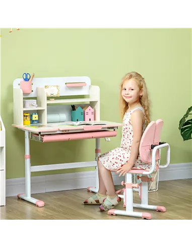 HOMCOM Kids Desk and Chair Set, with Storage Shelves, Washable Cover, for Ages 3-12 Years - Pink