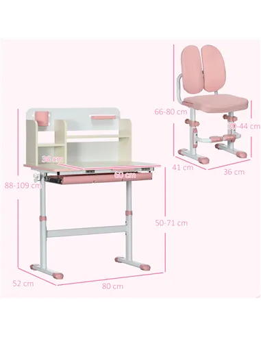 HOMCOM Kids Desk and Chair Set, with Storage Shelves, Washable Cover, for Ages 3-12 Years - Pink