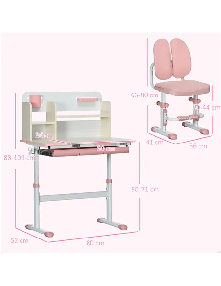 HOMCOM Kids Desk and Chair Set, with Storage Shelves, Washable Cover, for Ages 3-12 Years - Pink