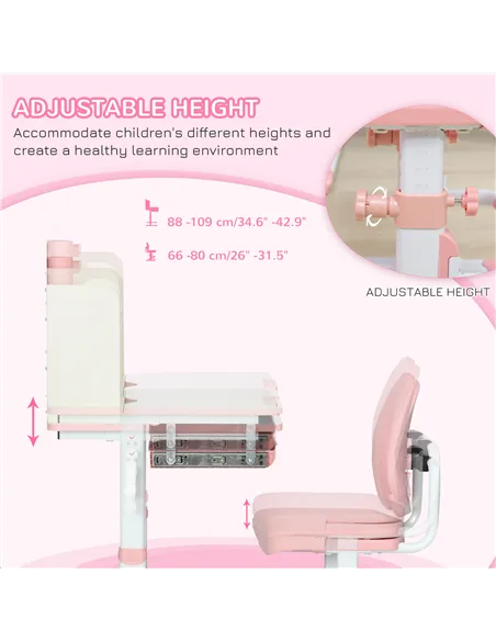 HOMCOM Kids Desk and Chair Set, with Storage Shelves, Washable Cover, for Ages 3-12 Years - Pink