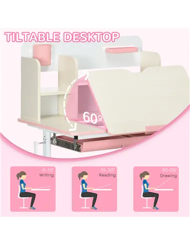 HOMCOM Kids Desk and Chair Set, with Storage Shelves, Washable Cover, for Ages 3-12 Years - Pink