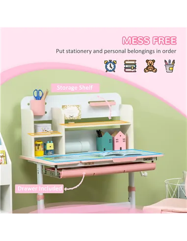 HOMCOM Kids Desk and Chair Set, with Storage Shelves, Washable Cover, for Ages 3-12 Years - Pink