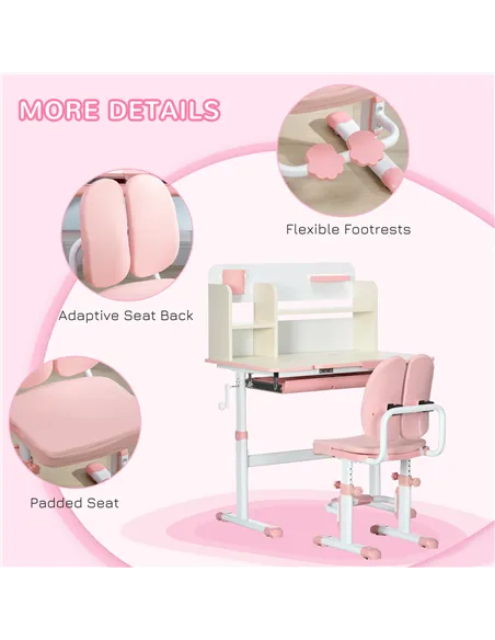 HOMCOM Kids Desk and Chair Set, with Storage Shelves, Washable Cover, for Ages 3-12 Years - Pink