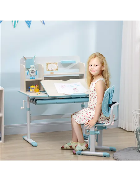 HOMCOM Kids Desk and Chair Set, with Storage Shelves, Washable Cover, for Ages 3-12 Years - Blue