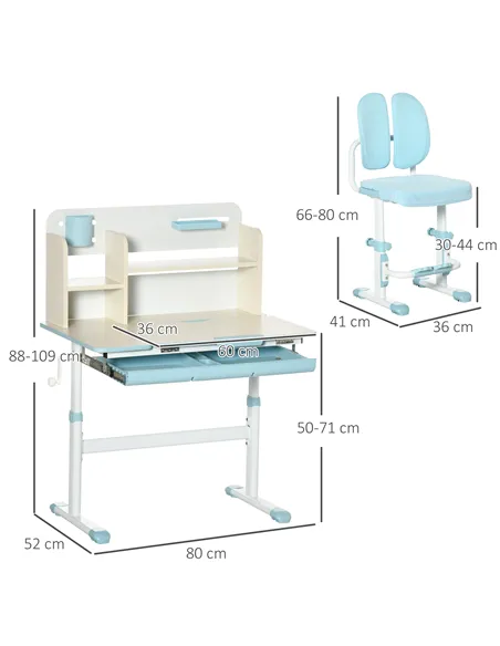 HOMCOM Kids Desk and Chair Set, with Storage Shelves, Washable Cover, for Ages 3-12 Years - Blue
