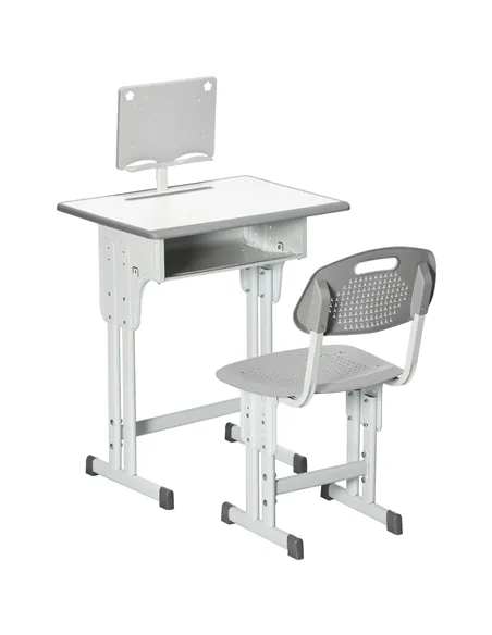 HOMCOM Kids Adjustable Desk and Chair Set, Book Stand, Pen Slot - Grey
