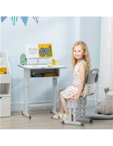 HOMCOM Kids Adjustable Desk and Chair Set, Book Stand, Pen Slot - Grey