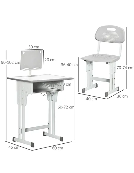 HOMCOM Kids Adjustable Desk and Chair Set, Book Stand, Pen Slot - Grey