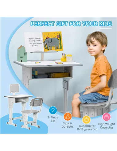 HOMCOM Kids Adjustable Desk and Chair Set, Book Stand, Pen Slot - Grey