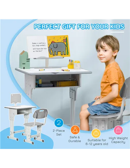 HOMCOM Kids Adjustable Desk and Chair Set, Book Stand, Pen Slot - Grey