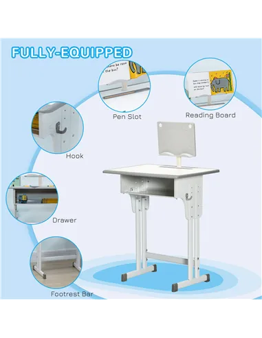 HOMCOM Kids Adjustable Desk and Chair Set, Book Stand, Pen Slot - Grey