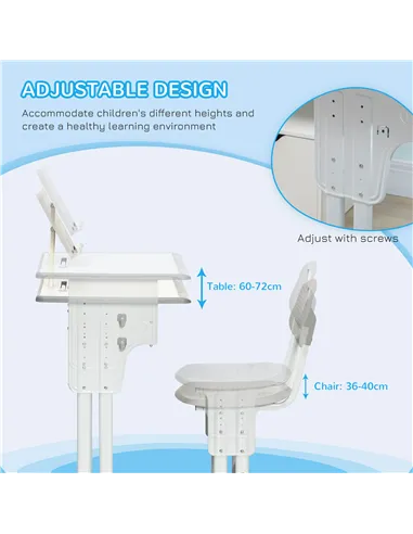HOMCOM Kids Adjustable Desk and Chair Set, Book Stand, Pen Slot - Grey