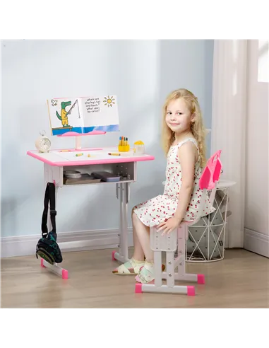 HOMCOM Kids Adjustable Desk and Chair Set, Book Stand, Pen Slot - Pink