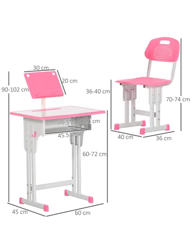 HOMCOM Kids Adjustable Desk and Chair Set, Book Stand, Pen Slot - Pink