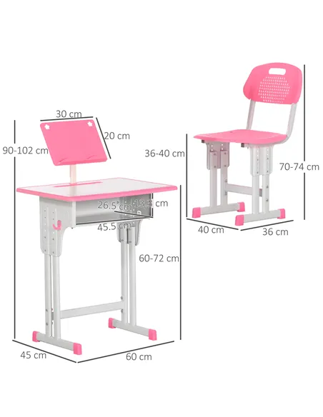 HOMCOM Kids Adjustable Desk and Chair Set, Book Stand, Pen Slot - Pink