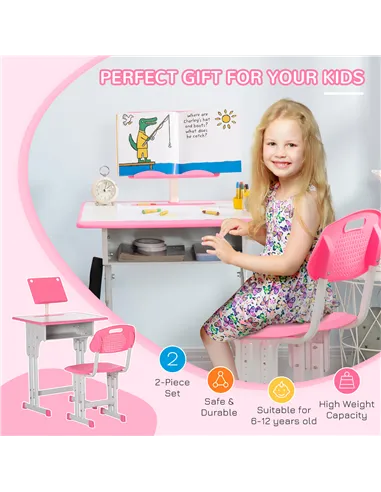 HOMCOM Kids Adjustable Desk and Chair Set, Book Stand, Pen Slot - Pink