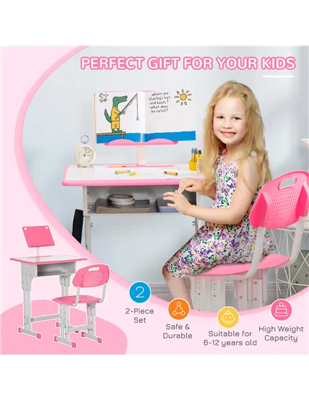 HOMCOM Kids Adjustable Desk and Chair Set, Book Stand, Pen Slot - Pink