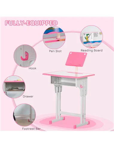 HOMCOM Kids Adjustable Desk and Chair Set, Book Stand, Pen Slot - Pink
