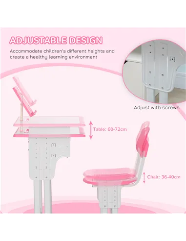 HOMCOM Kids Adjustable Desk and Chair Set, Book Stand, Pen Slot - Pink