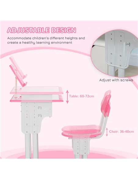 HOMCOM Kids Adjustable Desk and Chair Set, Book Stand, Pen Slot - Pink