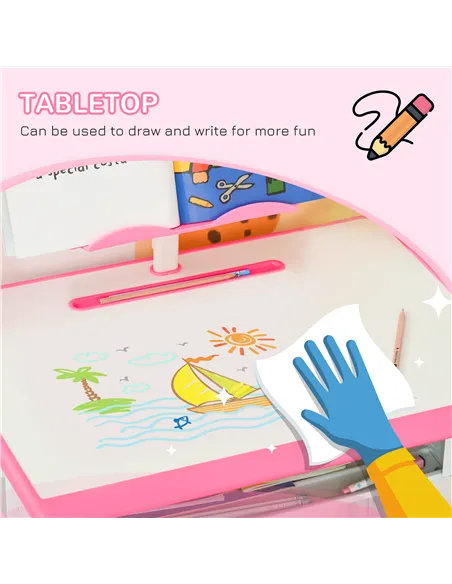 HOMCOM Kids Adjustable Desk and Chair Set, Book Stand, Pen Slot - Pink