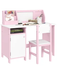 HOMCOM Kids Desk And Chair Set 2 PCs Childrens Table And Chair Set Multi Use Toddler Furniture with Whiteboard, Storage - Pink