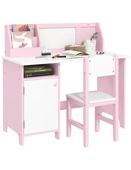 HOMCOM Kids Desk And Chair Set 2 PCs Childrens Table And Chair Set Multi Use Toddler Furniture with Whiteboard, Storage - Pink