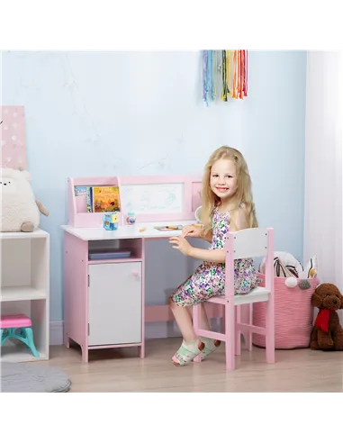 HOMCOM Kids Desk And Chair Set 2 PCs Childrens Table And Chair Set Multi Use Toddler Furniture with Whiteboard, Storage - Pink