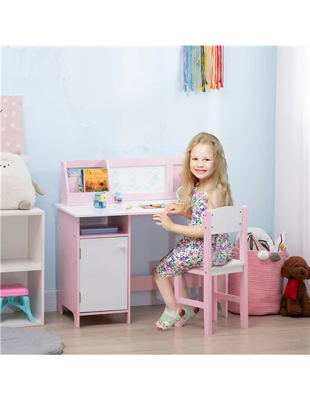 HOMCOM Kids Desk And Chair Set 2 PCs Childrens Table And Chair Set Multi Use Toddler Furniture with Whiteboard, Storage - Pink