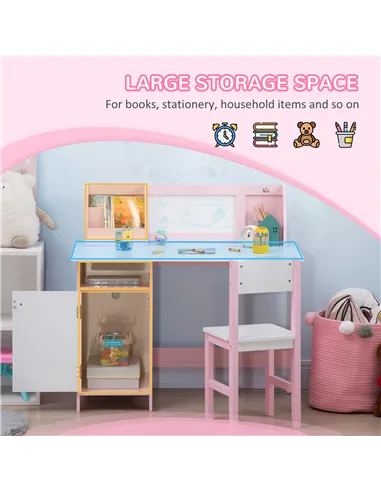 HOMCOM Kids Desk And Chair Set 2 PCs Childrens Table And Chair Set Multi Use Toddler Furniture with Whiteboard, Storage - Pink
