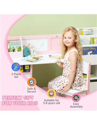 HOMCOM Kids Desk And Chair Set 2 PCs Childrens Table And Chair Set Multi Use Toddler Furniture with Whiteboard, Storage - Pink