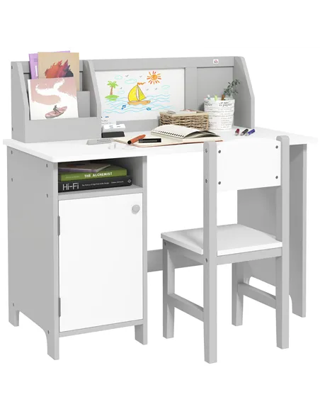 HOMCOM Kids Table and Chair Set w/ Whiteboard - Grey