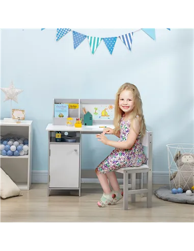 HOMCOM Kids Table and Chair Set w/ Whiteboard - Grey