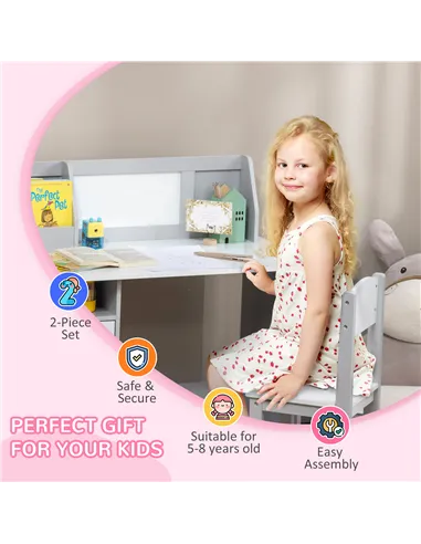 HOMCOM Kids Table and Chair Set w/ Whiteboard - Grey