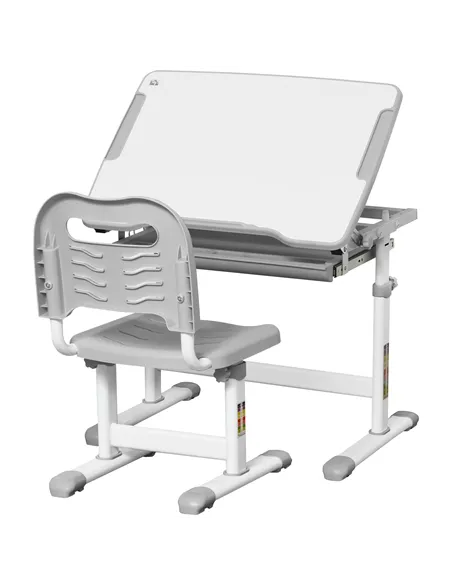 HOMCOM Kids Desk and Chair Set, Student Adjustable Writing Desk, with Drawer, Pen Slot, Hook - Grey
