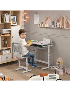 HOMCOM Kids Desk and Chair Set, Student Adjustable Writing Desk, with Drawer, Pen Slot, Hook - Grey 2