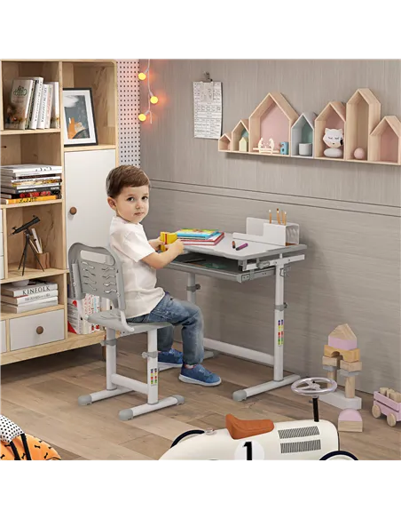 HOMCOM Kids Desk and Chair Set, Student Adjustable Writing Desk, with Drawer, Pen Slot, Hook - Grey