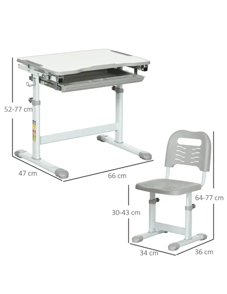 HOMCOM Kids Desk and Chair Set, Student Adjustable Writing Desk, with Drawer, Pen Slot, Hook - Grey