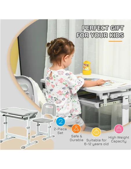 HOMCOM Kids Desk and Chair Set, Student Adjustable Writing Desk, with Drawer, Pen Slot, Hook - Grey