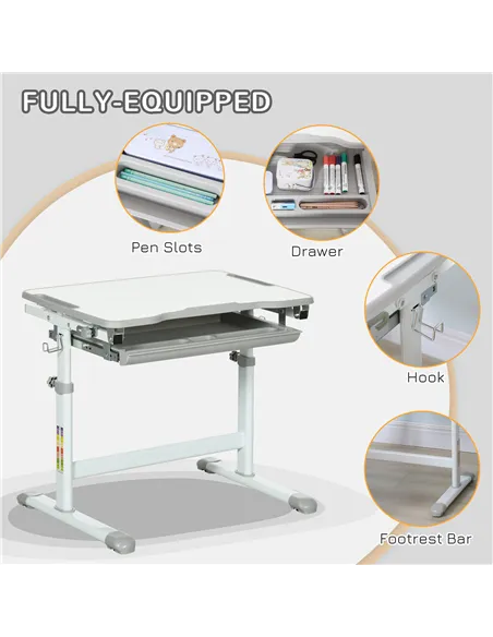 HOMCOM Kids Desk and Chair Set, Student Adjustable Writing Desk, with Drawer, Pen Slot, Hook - Grey