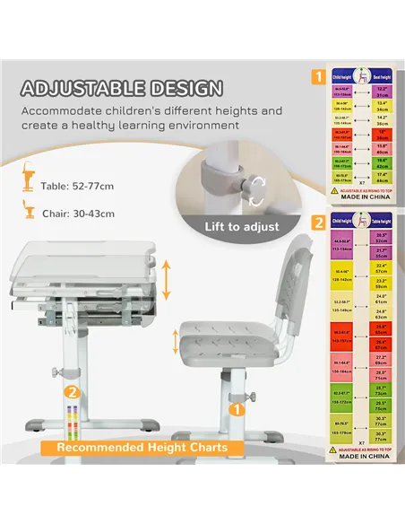 HOMCOM Kids Desk and Chair Set, Student Adjustable Writing Desk, with Drawer, Pen Slot, Hook - Grey