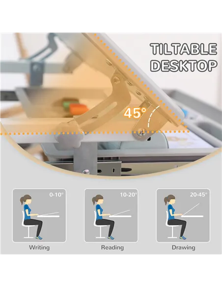 HOMCOM Kids Desk and Chair Set, Student Adjustable Writing Desk, with Drawer, Pen Slot, Hook - Grey