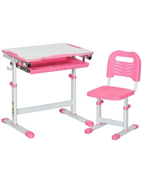 HOMCOM Kids Desk and Chair Set, Student Adjustable Writing Desk, with Drawer, Pen Slot, Hook - Pink