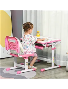 HOMCOM Kids Desk and Chair Set, Student Adjustable Writing Desk, with Drawer, Pen Slot, Hook - Pink 2