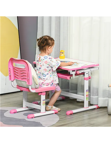 HOMCOM Kids Desk and Chair Set, Student Adjustable Writing Desk, with Drawer, Pen Slot, Hook - Pink