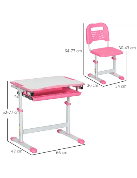 HOMCOM Kids Desk and Chair Set, Student Adjustable Writing Desk, with Drawer, Pen Slot, Hook - Pink