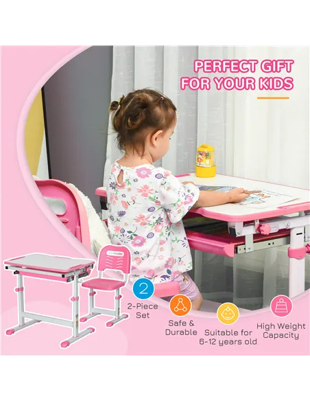 HOMCOM Kids Desk and Chair Set, Student Adjustable Writing Desk, with Drawer, Pen Slot, Hook - Pink