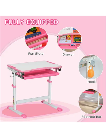 HOMCOM Kids Desk and Chair Set, Student Adjustable Writing Desk, with Drawer, Pen Slot, Hook - Pink