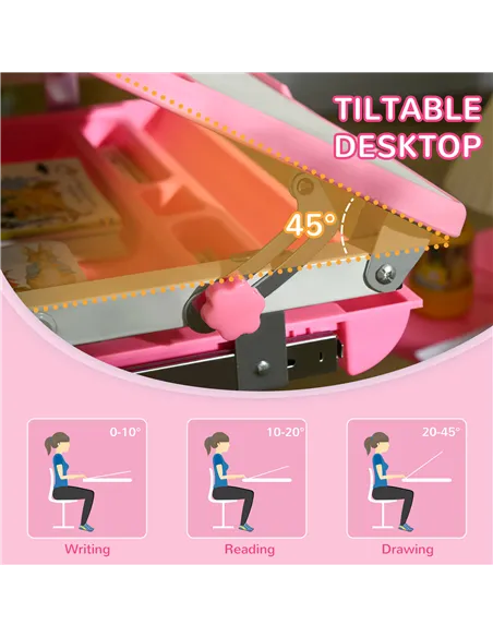 HOMCOM Kids Desk and Chair Set, Student Adjustable Writing Desk, with Drawer, Pen Slot, Hook - Pink