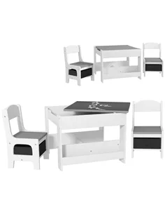 HOMCOM Three-Piece Kids Table and Chair Set with Blackboard, Storage, Bookshelves - Grey